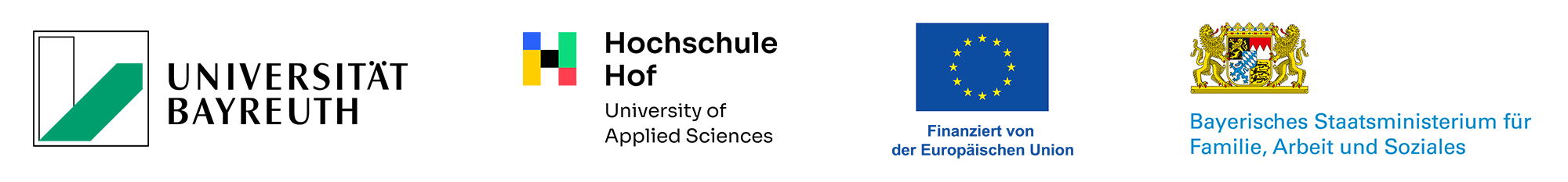 Logos der Universität Bayreuth, der Hochschule Hof, ders Europäischen Sozialfounds und des Bayreischen Staatsministeriums für Familie, Arbeit und Soziales.