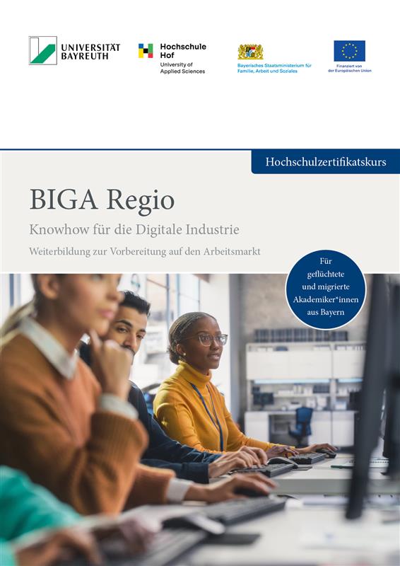 Es ist die Titelseite der BIGA Regio Broschüre zu sehen. Sie enthält vier Logos , ein Foto von Menschen, die engagiert vor dem PC sitzen und einer Überschrift.